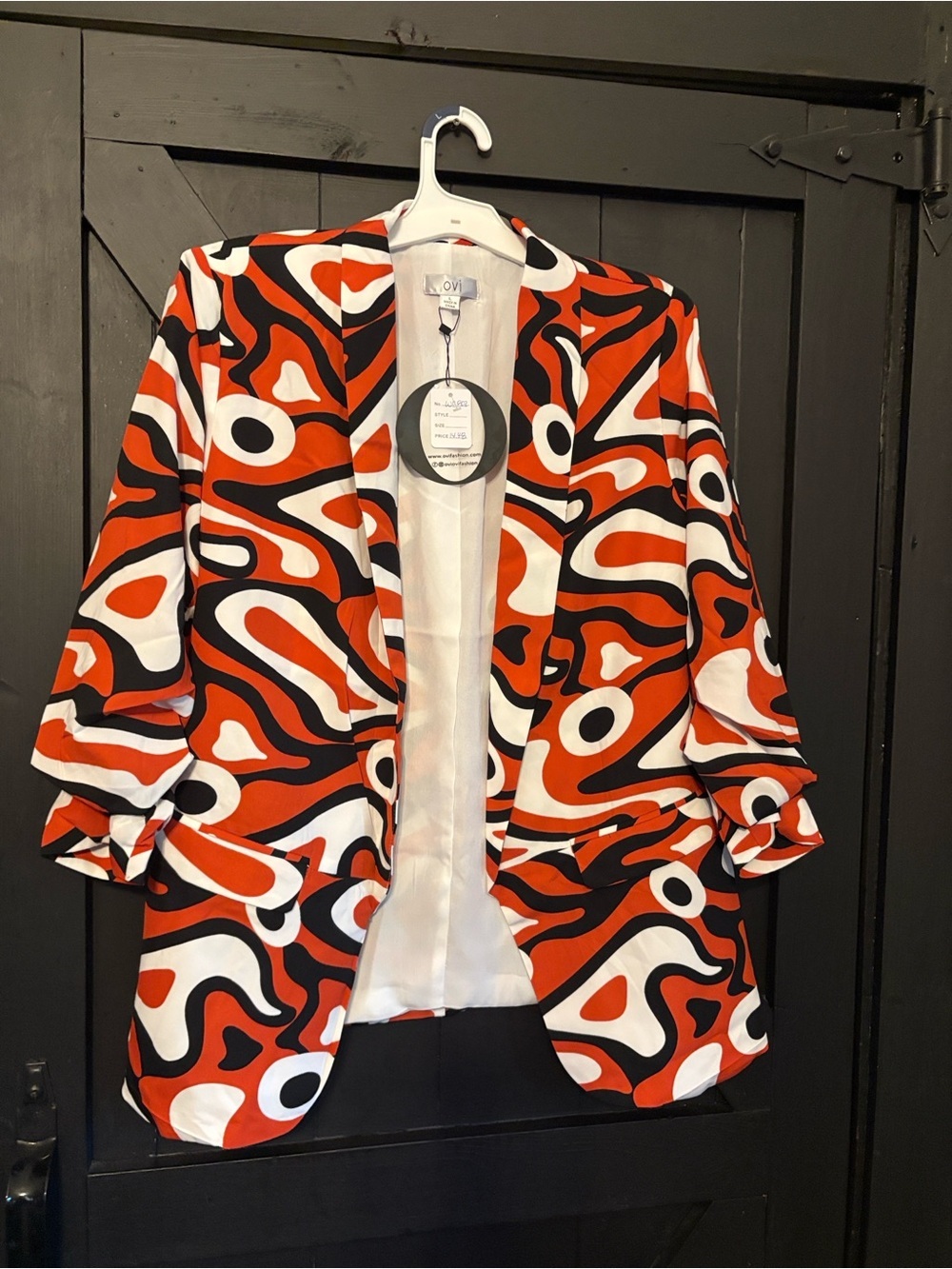 Ovi Open-Front Blazer in Red, Black & White Abstract Print